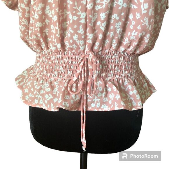 Sienna Sky Peplum Blouse Top Floral Short Sleeve V-Neck Pink Crop medium - Picture 4 of 6